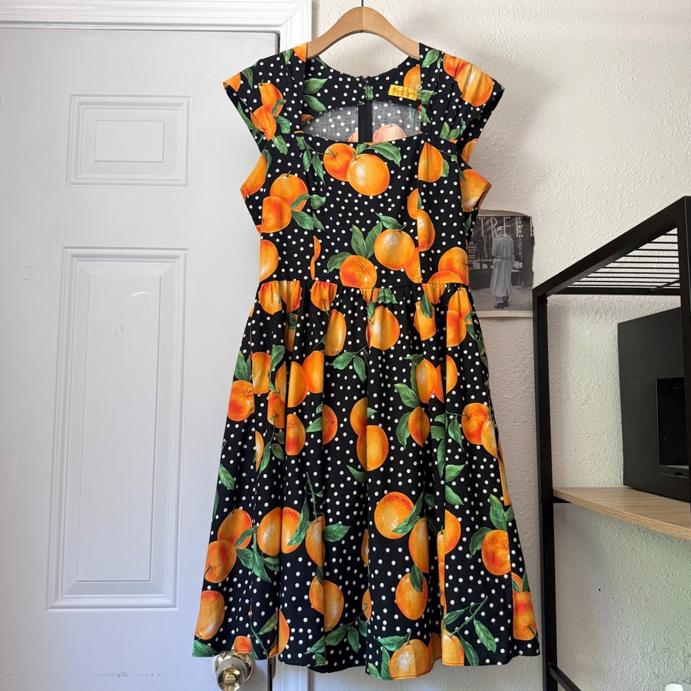 BERNIE DEXTER black white polka orange fruit citrus mod pinup retro midi dress